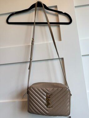 Authentic Classic Saint Laurent Lou Chevron Crossbody Camera Bag Beige Brown